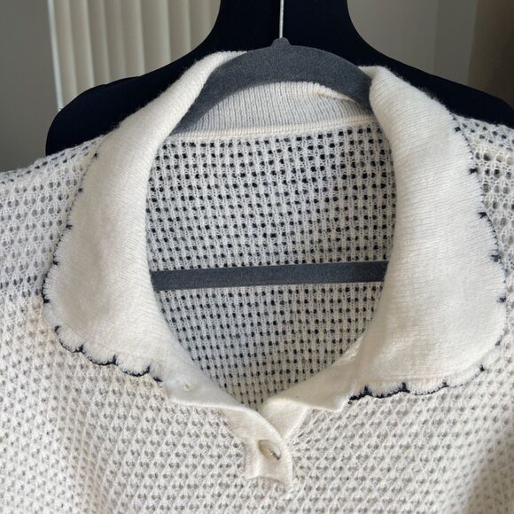 Corean Open Stitch Knit Polo Sweater Contrast Scallop Hem M - Picture 3 of 8